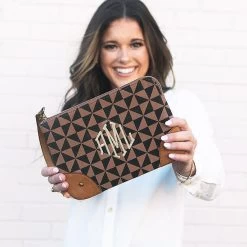 Monogrammed Vintage Clutch -Fashion Clothing Store 07T close up of girl holding black brown checkers clutch