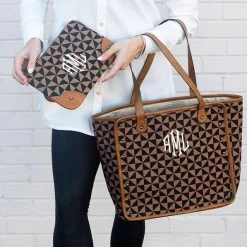 Monogrammed Vintage Clutch -Fashion Clothing Store 07T girl holding black brown checkers clutch and tote
