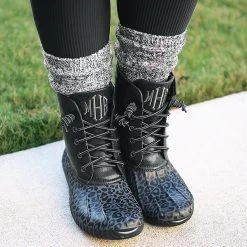 Monogrammed Leopard Duck Boots -Fashion Clothing Store 0ni onyx leopard duck boots with black socks