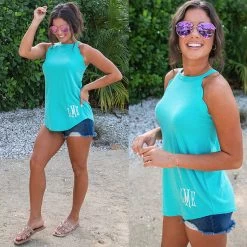Monogrammed Scalloped Tank Top -Fashion Clothing Store 1PA heathered teal scalloped tank top with jean shorts