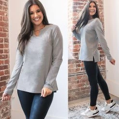 Monogrammed V Neck Sweatshirt -Fashion Clothing Store 1dZ heather gray vneck sweatshirt with leggings and classic sneakers 02