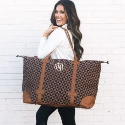 Monogrammed Vintage Weekender -Fashion Clothing Store 1j8 personalized vintage weekender in black and brown checkers over shoulder