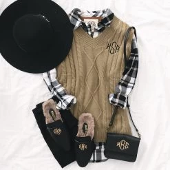 Monogrammed Sweater Vest -Fashion Clothing Store 1ks camel sweater vest with black and white plaid tunic
