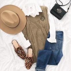 Monogrammed Sweater Vest -Fashion Clothing Store 1ks camel sweater vest with jeans and slide on loafers