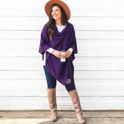 Monogrammed Poncho 17 Monogrammed Poncho -Fashion Clothing Store 1mS purple monogrammed poncho with riding boots front