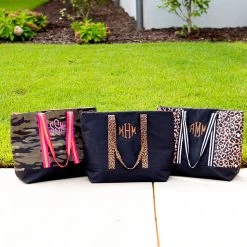 Monogrammed Large Zip Top Tote -Fashion Clothing Store 2CY trio large zip top totes on sidewalk