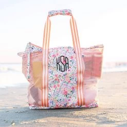 Monogrammed Mesh Beach Bag Set 13 Monogrammed Mesh Beach Bag Set -Fashion Clothing Store 2NL coral floral mesh bag set on beach