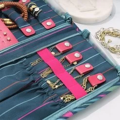 Monogrammed Travel Jewelry Organizer -Fashion Clothing Store 2is close up of interior of navy safari travel organizer