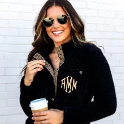 Monogrammed Leopard Sherpa Jacket -Fashion Clothing Store 2j4 black leopard sherpa jacket hand on collar