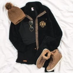 Monogrammed Leopard Sherpa Jacket -Fashion Clothing Store 2j4 monogrammed leopard sherpa jacket ootd with beanie black leggings
