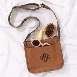 Monogrammed Kids Saddlebag -Fashion Clothing Store 2p4 flatlay of brown kids saddlebag