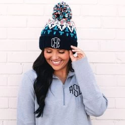 Monogrammed Pom Pom Beanie 15 Monogrammed Pom Pom Beanie -Fashion Clothing Store 3M4 close up of navy pom pom beanie