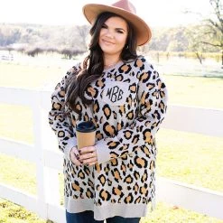 Monogrammed Leopard Boyfriend Sweater -Fashion Clothing Store 3TZ leopard boyfriend sweater with wide brim hat