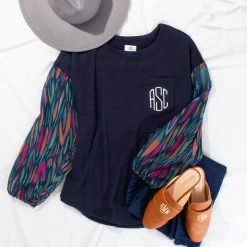 Monogrammed Puff Sleeve Top -Fashion Clothing Store 3mh navy safar puff sleeve ootd with wide brim hat slides and denim