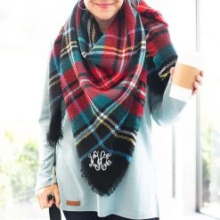 Monogrammed Plaid Scarf -Fashion Clothing Store 4Bx black plaid blanket scarf with blue popover