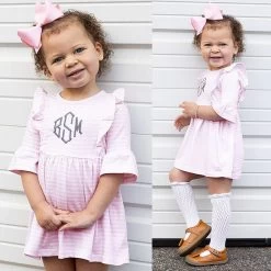 Monogrammed Kids Ruffle Dress -Fashion Clothing Store 4H1 pink and white stripes kids ruffle dress