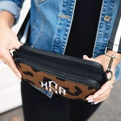 Monogrammed Neoprene Crossbody Camera Bag -Fashion Clothing Store 4I8 close up zippers hickory neoprene crossbody camera bag phone in front pocket