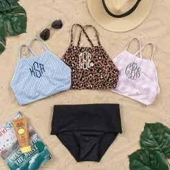 Fashion Clothing Store -Fashion Clothing Store 4WF blue seersucker cheetah and pink gingham high neck bikini top