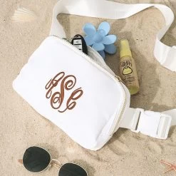 Monogrammed Belt Bag -Fashion Clothing Store 4mZ ivory personalized belt bag on beach