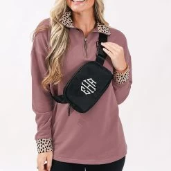 Monogrammed Belt Bag -Fashion Clothing Store 4mZ monogrammed black belt bag over shoulders