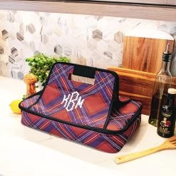 Monogrammed Casserole Carrier -Fashion Clothing Store 50s holiday plaid casserole carrier on countertop