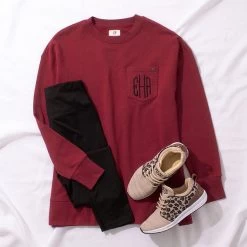 Monogrammed Crewneck Sweatshirt -Fashion Clothing Store 5Ys crimson crewneck outfit styled with leggings and leopard sneakers