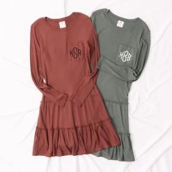 Monogrammed Waffle Dress -Fashion Clothing Store 5sw flatlay of rust and charcoal waffle dresses