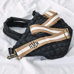 Monogrammed Crossbody Strap -Fashion Clothing Store 6sM tan and white crossbody strap on black bag