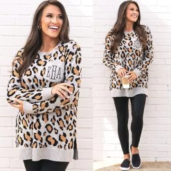 Monogrammed Leopard Boyfriend Sweater -Fashion Clothing Store 6vo leopard boyfriend sweater with leggings