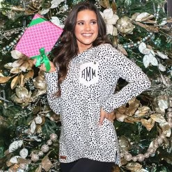 Monogrammed Leopard Dottie Sweatshirt -Fashion Clothing Store 748 white leopard sweatshirt in front of tree