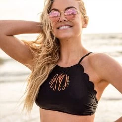 Monogrammed Scalloped High Neck Bikini Top 9 Monogrammed Scalloped High Neck Bikini Top -Fashion Clothing Store 7AB close up scallop bikini top in black