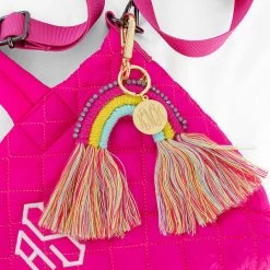 Monogrammed Rainbow Keychain -Fashion Clothing Store 7Hd personalized rainbow key chain on hot pink crossbody bag