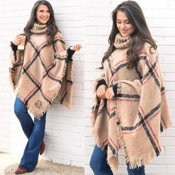 Monogrammed Plaid Cowl Neck Poncho -Fashion Clothing Store 7KD plaid poncho split image2