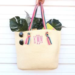 Monogrammed Straw Purse -Fashion Clothing Store 7sH girl holding rainbow straw purse