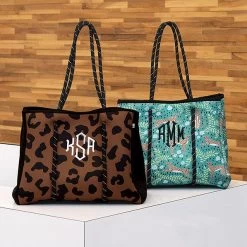 Monogrammed Neoprene Tote 12 Monogrammed Neoprene Tote -Fashion Clothing Store 8on hickory leopard and GREEN fiesta leopard by wood wall in lobby