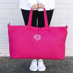 Monogrammed Diamond Quilted Weekender -Fashion Clothing Store 8pp monogrammed diamond quilted in HOT PINK with sneakers