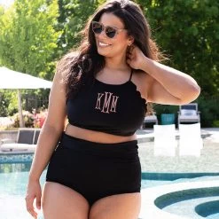 Monogrammed Scalloped High Neck Bikini Top