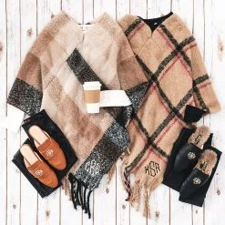 Monogrammed Plaid Poncho -Fashion Clothing Store 9oQ duo plaid poncho flatlay