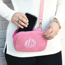 Monogrammed Classic Belt Bag -Fashion Clothing Store 9xP close up of rose belt bag