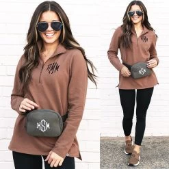 Monogrammed Classic Belt Bag -Fashion Clothing Store 9xP split of brunette wearing charcoal belt bag
