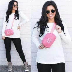 Monogrammed Classic Belt Bag -Fashion Clothing Store 9xP split of girl wearing rose belt bag