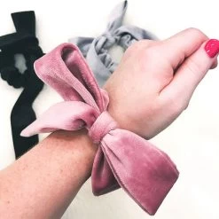 Velvet Bow Scrunchie Set -Fashion Clothing Store AMC velvet blush bow scrunchie on wrist