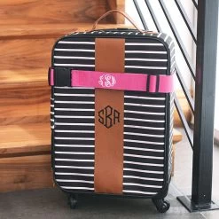 Monogrammed Luggage Strap -Fashion Clothing Store AQg monogrammed luggage strap in hot pink with black buckle
