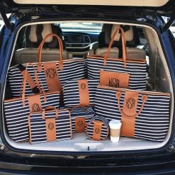 Monogrammed Tote Bag 9 Monogrammed Tote Bag -Fashion Clothing Store AVl monogrammed black and white striped collection trunck shot
