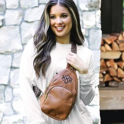 Monogrammed Sling Purse -Fashion Clothing Store B8a brunette wearing brown sling purse