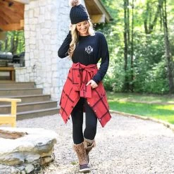 Monogrammed Tunic Shirt -Fashion Clothing Store B97 black long sleeve monogrammed tunic shirt with plaid shacket around waist