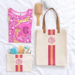 Monogrammed Canvas Pouch -Fashion Clothing Store BAx pink orange stripe canvas bag and pouch with pajamas