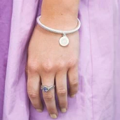 Personalized Cable Bracelet -Fashion Clothing Store Bl4 silver cable bracelet on arm with purple dress