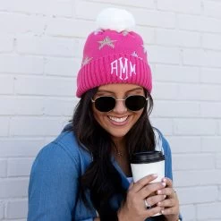 Monogrammed Pom Pom Beanie 13 Monogrammed Pom Pom Beanie -Fashion Clothing Store Bqh hot pink pom pom beanie on brunette with coffee