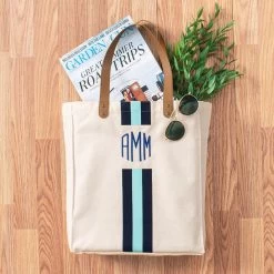 Monogrammed Canvas Bag -Fashion Clothing Store CAy Monogrammed Canvas Bag Mint and Navy market bag